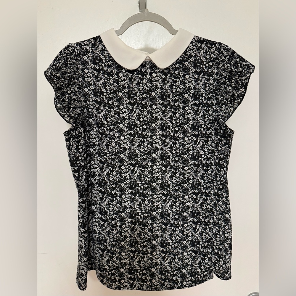 Adrianna Papell Black and White Floral Peter Pan Collar Blouse